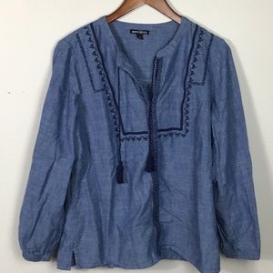 J.crew Mercantile denim chambray peasant top with embroidery and tassel  tie